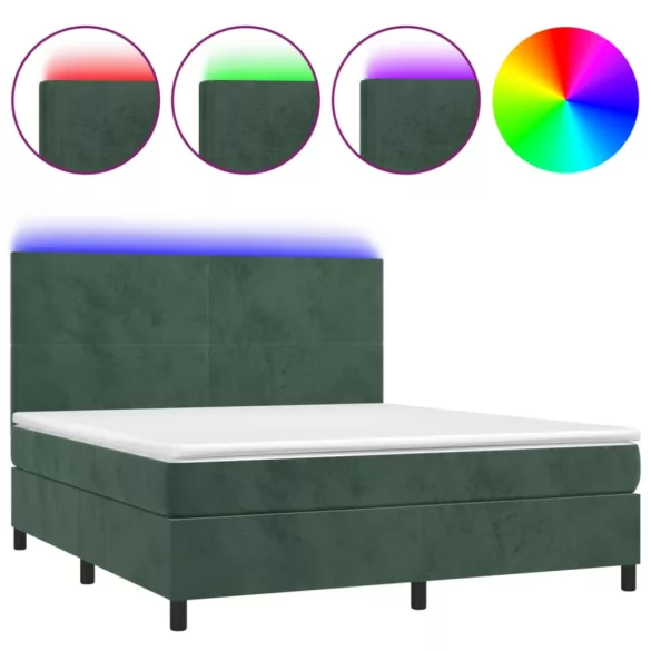 sötétzöld bársony rugós és LED-es ágy matraccal 180x200 cm
