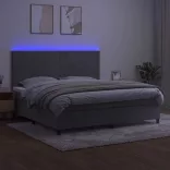 világosszürke bársony rugós és LED-es ágy matraccal 200x200 cm