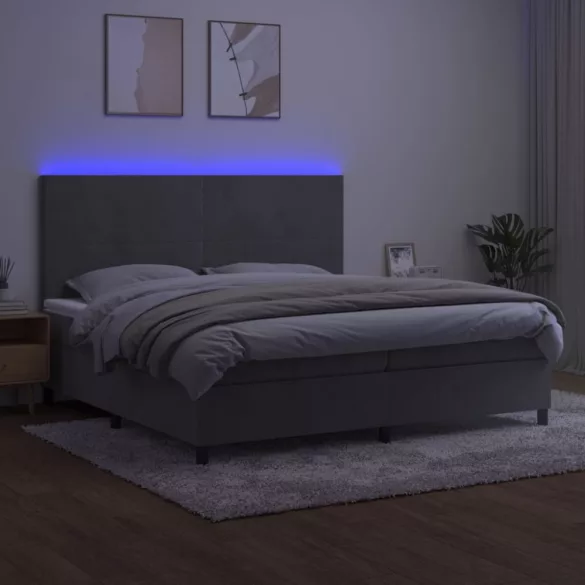 világosszürke bársony rugós és LED-es ágy matraccal 200x200 cm