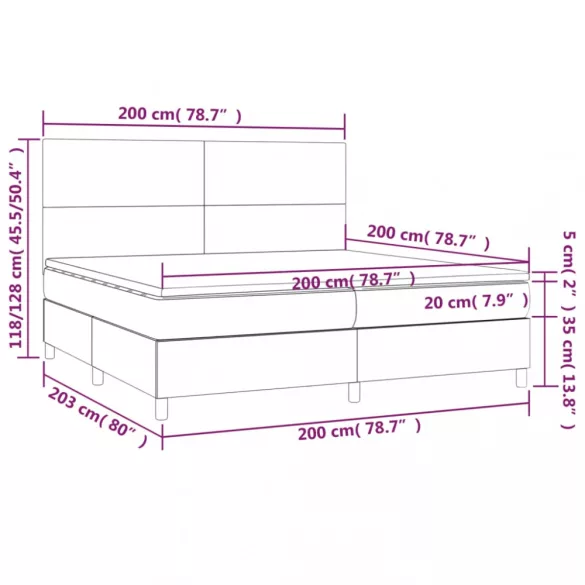 fekete bársony rugós és LED-es ágy matraccal 200x200 cm