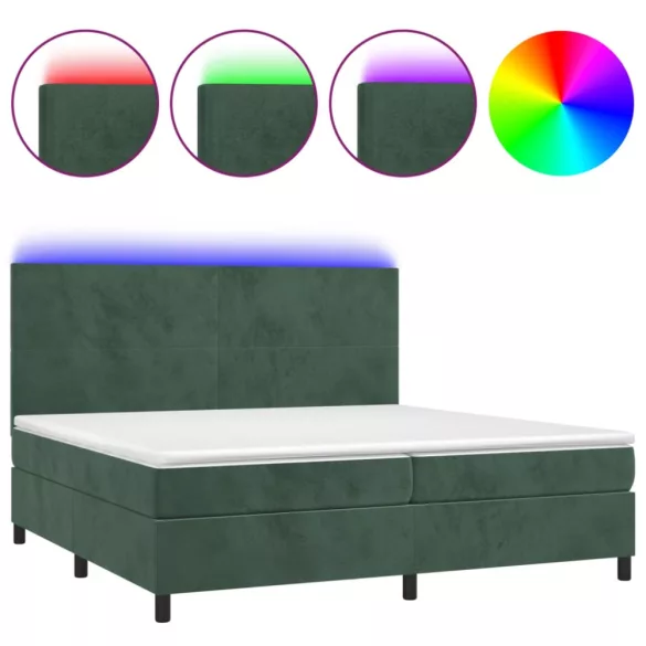 sötétzöld bársony rugós és LED-es ágy matraccal 200x200 cm
