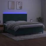 sötétzöld bársony rugós és LED-es ágy matraccal 200x200 cm