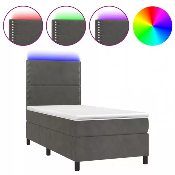 sötétszürke bársony rugós és LED-es ágy matraccal 90x190 cm