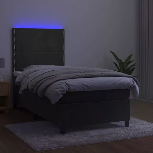 sötétszürke bársony rugós és LED-es ágy matraccal 90x190 cm