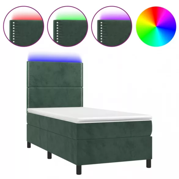 sötétzöld bársony rugós és LED-es ágy matraccal 90x190 cm