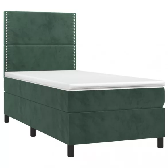 sötétzöld bársony rugós és LED-es ágy matraccal 90x190 cm