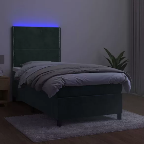 sötétzöld bársony rugós és LED-es ágy matraccal 90x190 cm