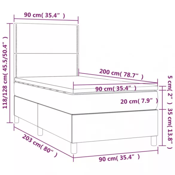 fekete bársony rugós és LED-es ágy matraccal 90x200 cm