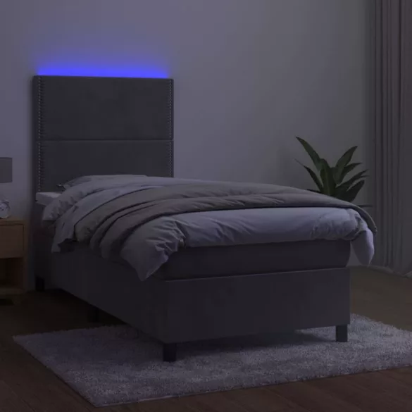 világosszürke bársony rugós és LED-es ágy matraccal 100x200 cm