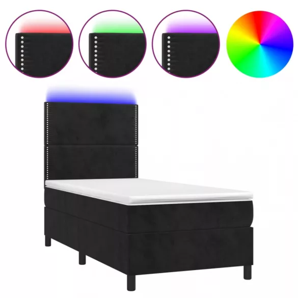 fekete bársony rugós és LED-es ágy matraccal 100x200 cm
