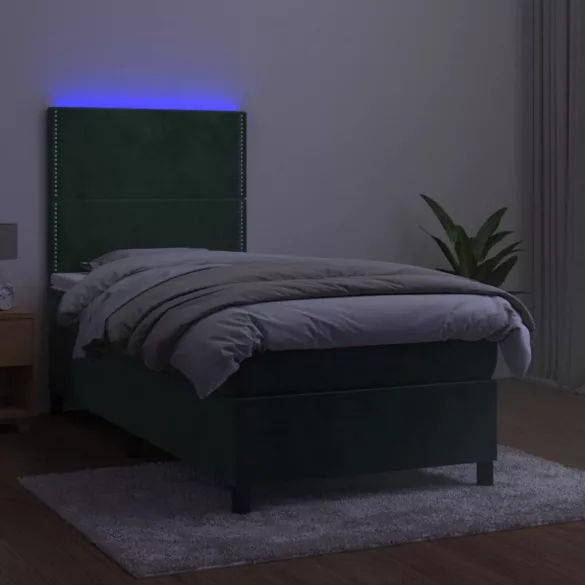 sötétzöld bársony rugós és LED-es ágy matraccal 100x200 cm