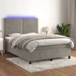   világosszürke bársony rugós és LED-es ágy matraccal 140x190 cm