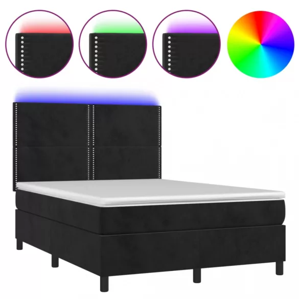 fekete bársony rugós és LED-es ágy matraccal 140x190 cm
