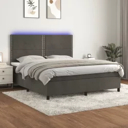   sötétszürke bársony rugós és LED-es ágy matraccal 160x200 cm