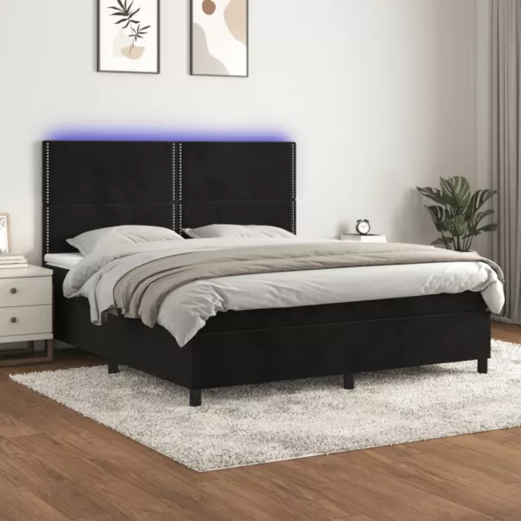 fekete bársony rugós és LED-es ágy matraccal 180x200 cm