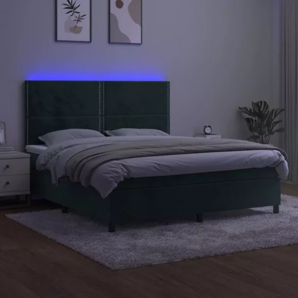 sötétzöld bársony rugós és LED-es ágy matraccal 180x200 cm