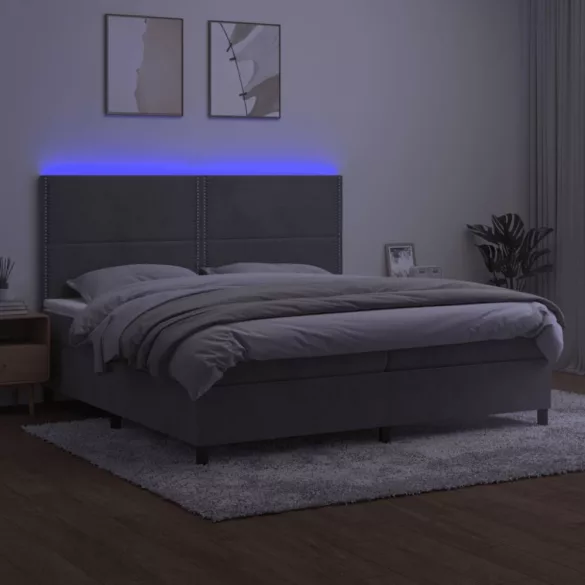 világosszürke bársony rugós és LED-es ágy matraccal 200x200 cm