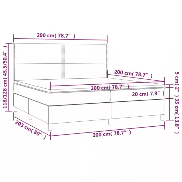 világosszürke bársony rugós és LED-es ágy matraccal 200x200 cm