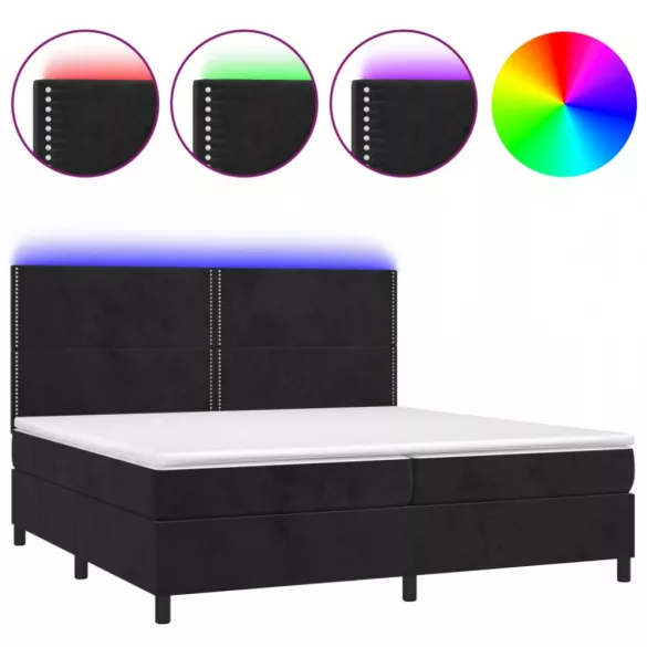 fekete bársony rugós és LED-es ágy matraccal 200x200 cm