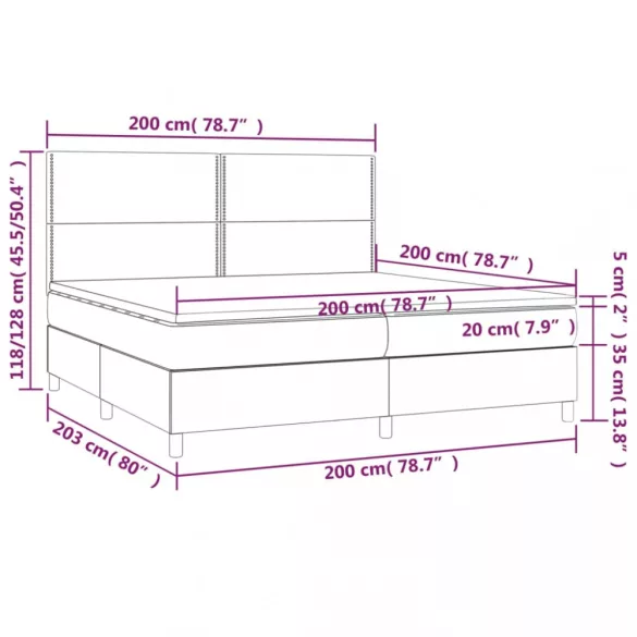 fekete bársony rugós és LED-es ágy matraccal 200x200 cm