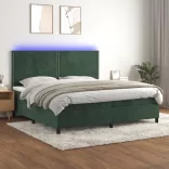 sötétzöld bársony rugós és LED-es ágy matraccal 200x200 cm