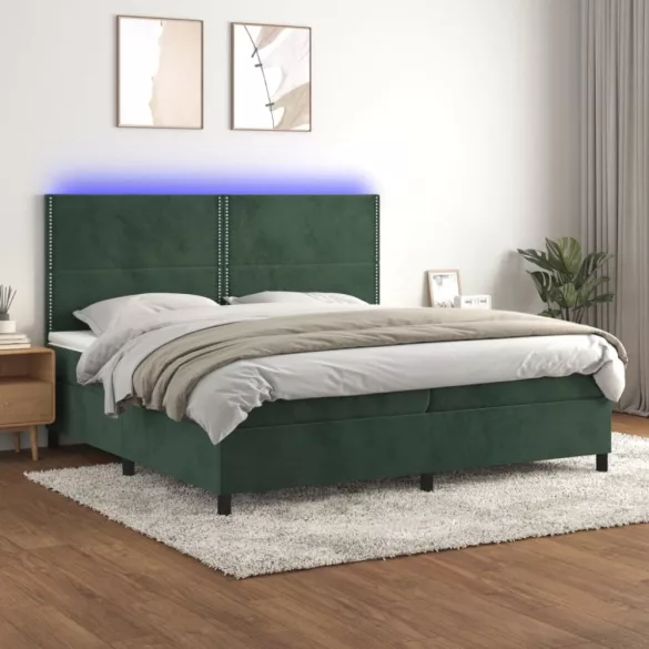 sötétzöld bársony rugós és LED-es ágy matraccal 200x200 cm