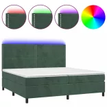 sötétzöld bársony rugós és LED-es ágy matraccal 200x200 cm