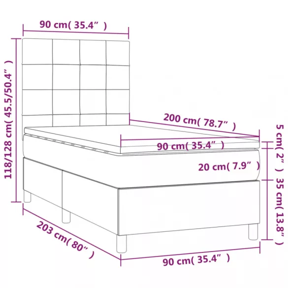 fekete bársony rugós és LED-es ágy matraccal 90x200 cm