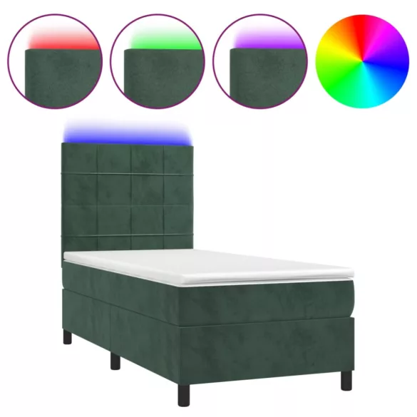 sötétzöld bársony rugós és LED-es ágy matraccal 90x200 cm