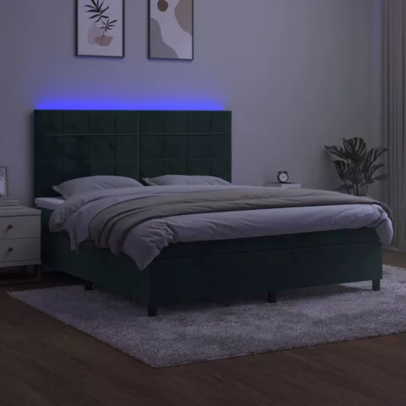 sötétzöld bársony rugós és LED-es ágy matraccal 160x200 cm