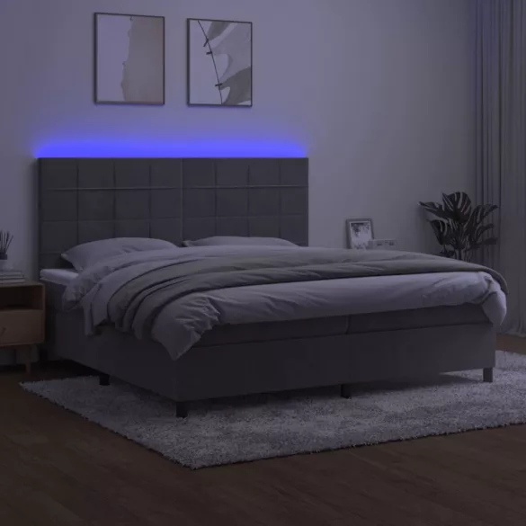 világosszürke bársony rugós és LED-es ágy matraccal 200x200 cm