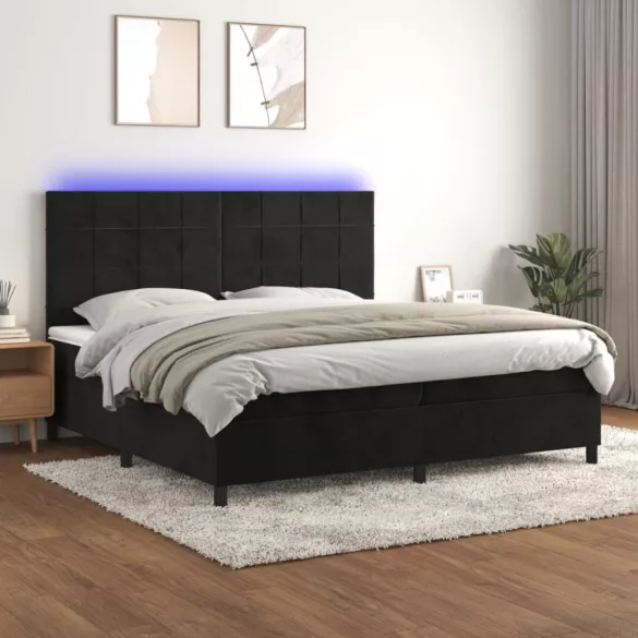 fekete bársony rugós és LED-es ágy matraccal 200x200 cm