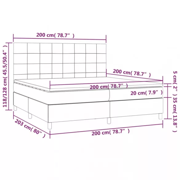 fekete bársony rugós és LED-es ágy matraccal 200x200 cm