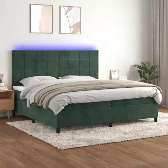 sötétzöld bársony rugós és LED-es ágy matraccal 200x200 cm