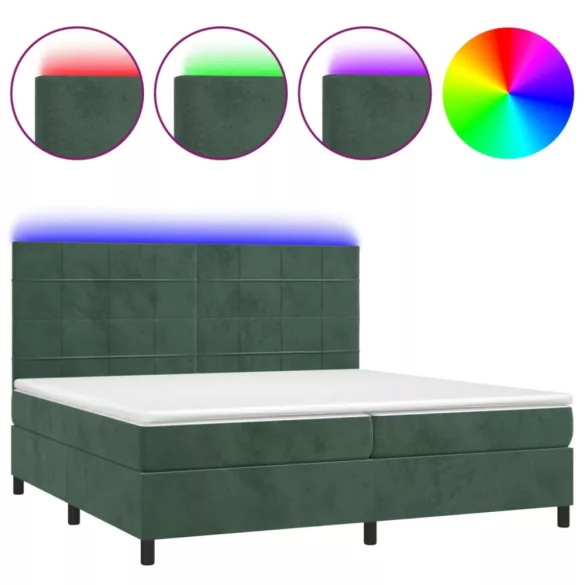 sötétzöld bársony rugós és LED-es ágy matraccal 200x200 cm