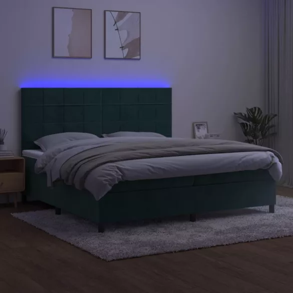 sötétzöld bársony rugós és LED-es ágy matraccal 200x200 cm