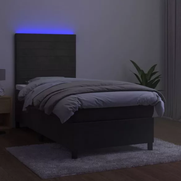 sötétszürke bársony rugós és LED-es ágy matraccal 80 x 200 cm