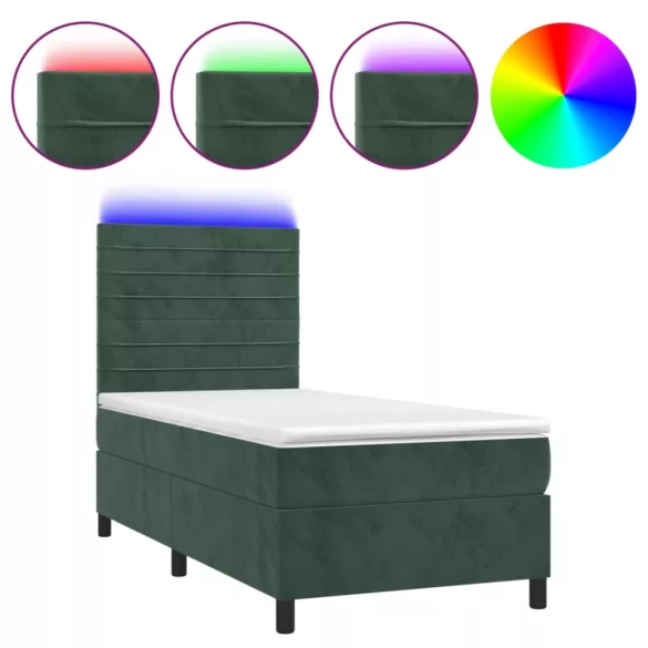 sötétzöld bársony rugós és LED-es ágy matraccal 90x190 cm