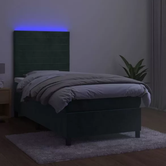 sötétzöld bársony rugós és LED-es ágy matraccal 90x190 cm