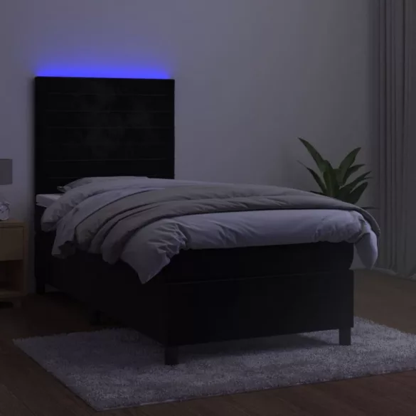 fekete bársony rugós és LED-es ágy matraccal 90x200 cm