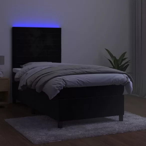 fekete bársony rugós és LED-es ágy matraccal 100x200 cm