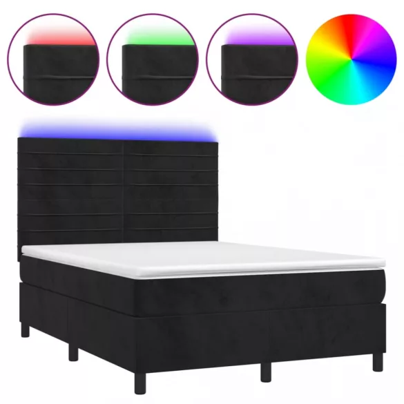 fekete bársony rugós és LED-es ágy matraccal 140x190 cm