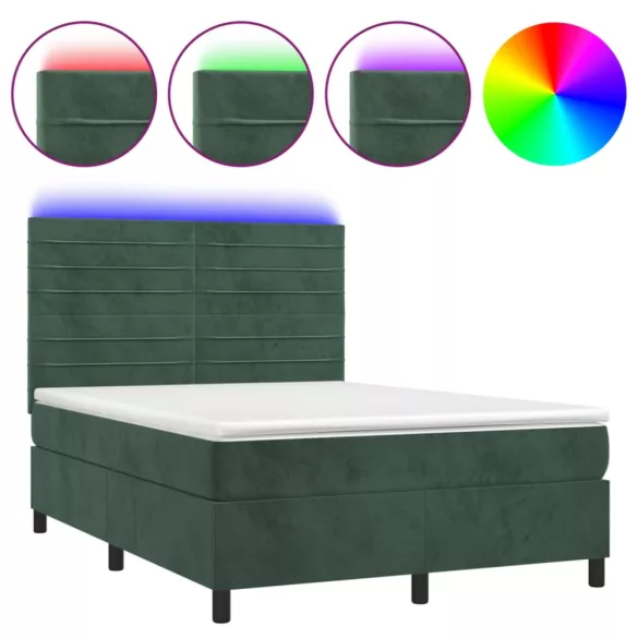 sötétzöld bársony rugós és LED-es ágy matraccal 140x190 cm