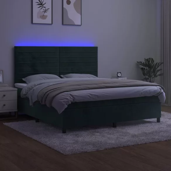 sötétzöld bársony rugós és LED-es ágy matraccal 180x200 cm