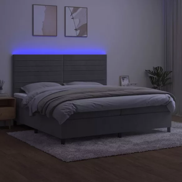 világosszürke bársony rugós és LED-es ágy matraccal 200x200 cm