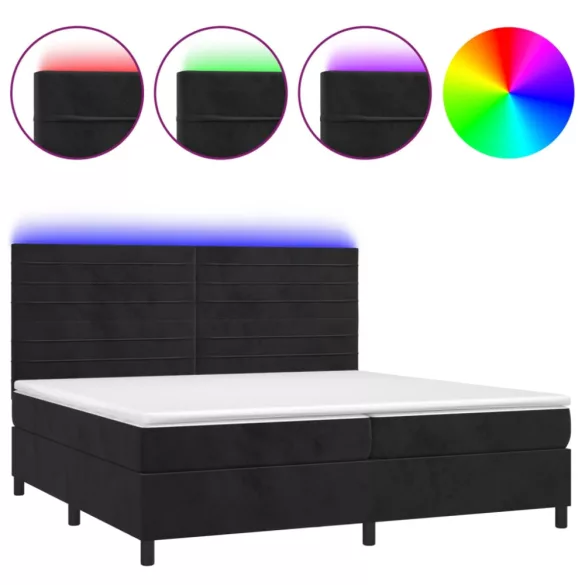 fekete bársony rugós és LED-es ágy matraccal 200x200 cm