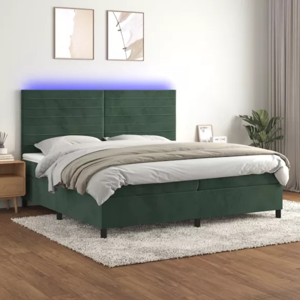 sötétzöld bársony rugós és LED-es ágy matraccal 200x200 cm