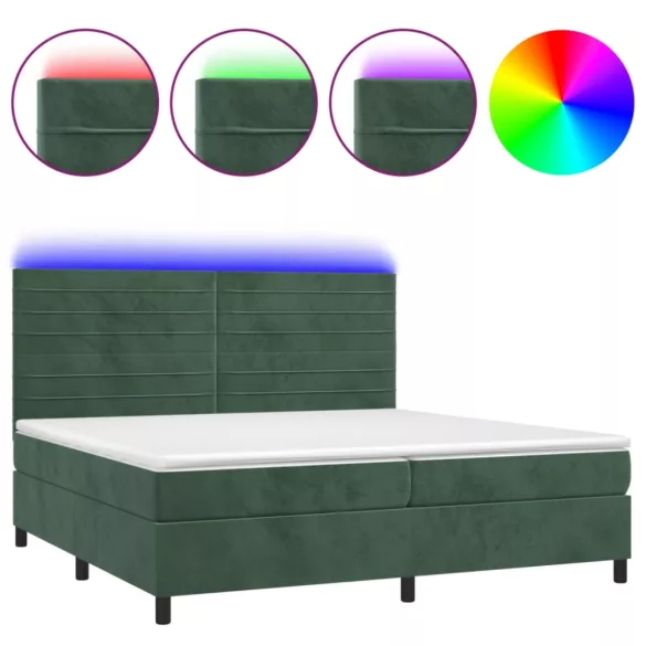 sötétzöld bársony rugós és LED-es ágy matraccal 200x200 cm