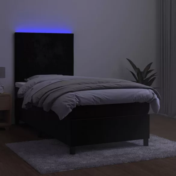 fekete bársony rugós és LED-es ágy matraccal 90x190 cm