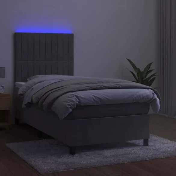 világosszürke bársony rugós és LED-es ágy matraccal 90x200 cm